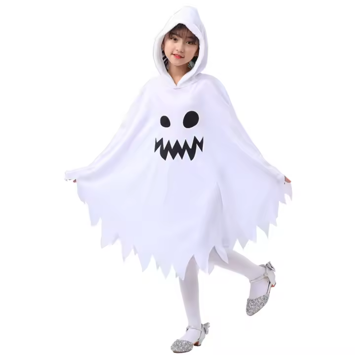Disfraz de fantasma blanco brillante para niños, capa con cara de fantasma, disfraz de fiesta temática de Halloween - 1