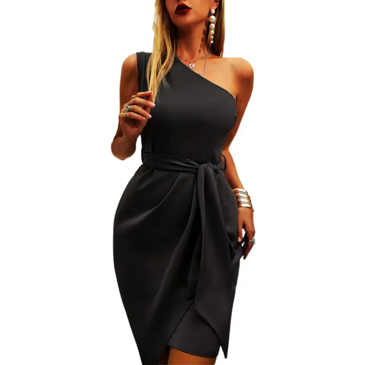 Vestido de fiesta color liso sin mangas con hombros estampados y tirantes irregulares - 1