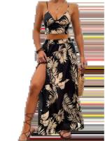 Vestido estampado sin mangas con cuello en V y corte Bo para mujer, vestidos sexys con abertura larga, media falda de moda, conjunto de verano ligero y elegante - details 5
