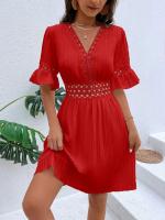 Vestido Blanco Puro de Verano Cintura de Encaje con Parche de Moda Cuello en V Manga Corta - details 14