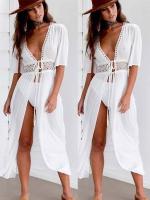 Chal largo de encaje con cordones para mujer, Bikini de Color sólido, traje de baño femenino, ropa de playa, 2024 - details 3
