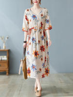 Vestidos de algodón de manga corta vintage floral nuevo en vestidos para mujer casual suelto largo vestido de verano ropa elegante 2025 - details 1