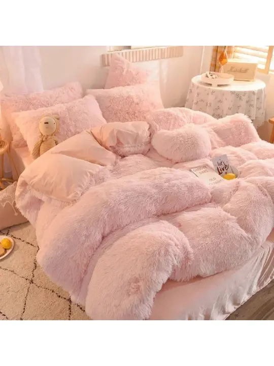 Tiendas de lujo Otoño Invierno cálido juego de cama rosa de felpa Kawaii visón terciopelo reina juego de funda nórdica con sábanas juegos de cama individuales dobles - 1