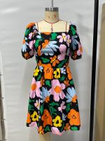 Vestido corto con manga farol y falda para la playa estampada con cuello en V novedad de verano 2025 para mujer - details 1
