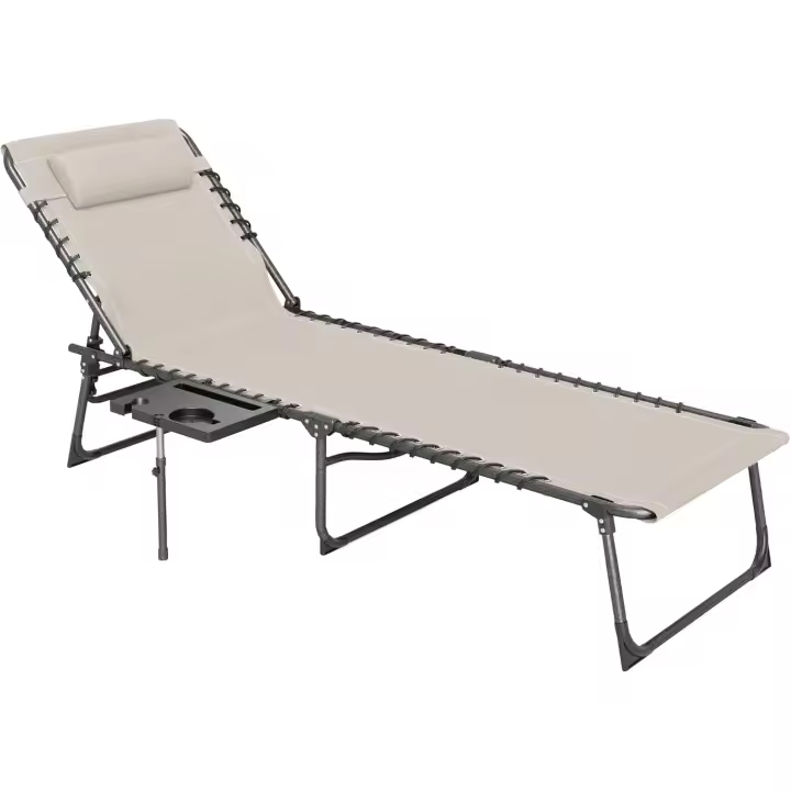 Plegable Jardín Exterior con Respaldo Ajustable Reposacabezas Bolsillo Lateral Banja y Estructura Acero Carga 120 kg para Terraza Piscina Playa 190x60x31 cm Crema - 1
