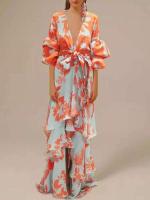 Vestidos de fiesta con volantes estampados para mujer, Vestido largo con manga acampanada y escote en V profundo, Vestido bohemio Irregular con cintura atada a la moda - details 0