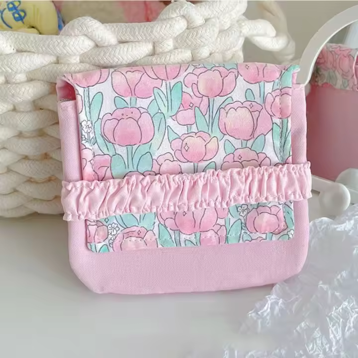 Mini neceser de gran capacidad para mujer, bolsa de almacenaje de pañuelos sanitarios con diseño de oso y conejo, tela de algodón, artículo pequeño, monedero de flores - 1