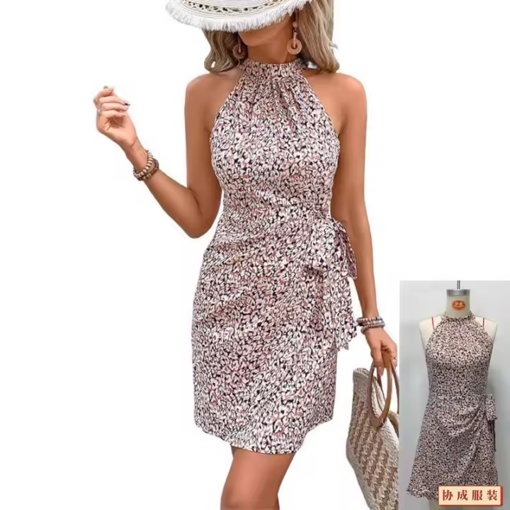 Vestido halter con cintura ceñida, sin mangas, fruncido y con lazo - 1