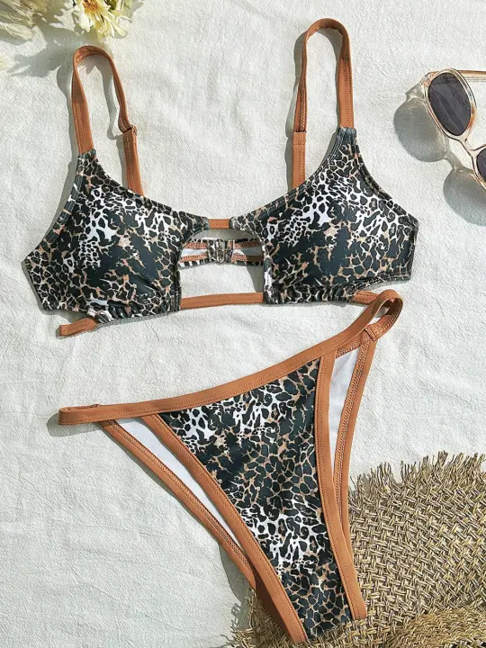 Conjuntos de bikini con tanga sexy para mujer Traje de baño de dos piezas con cordón de corte alto y estampado de leopardo - 1