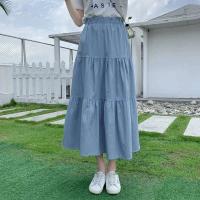 Falda de camping entrelazada midi vaquera para mujer, cintura elástica, azul, informal, retro, ropa diaria, verano - details 1