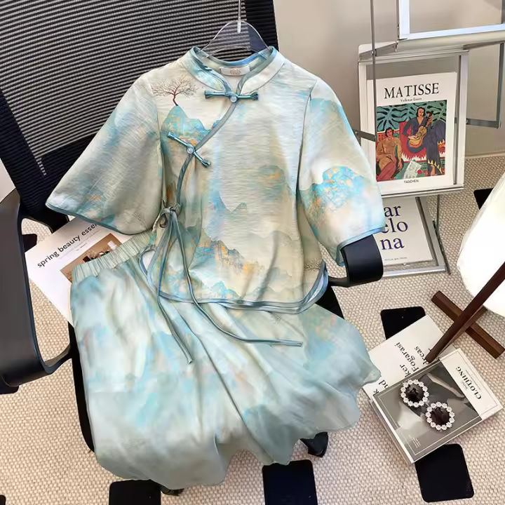 Traje Hanfu de verano para niñas con lluvia brumosa en Jiangnan, nuevo conjunto de dos piezas cheongsam chino para padres e hijos, estilo China-Chic - 1