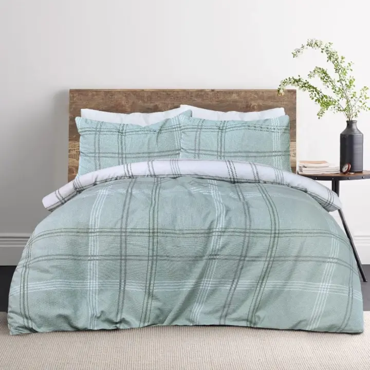 Juego de funda de edredón reversible a cuadros de color verde gofre, funda de almohada, suave y fácil de cuidar, tamaño King (230 x 220 cm) - 1