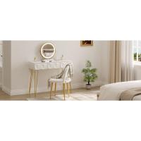 Tocador de Maquillaje con Espejo y Luz LED Iluminación Ajustable Conjunto de Mesa Tocador con Silla Terciopelo Blanco + Dorado - details 0