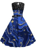 Summer elegant floral print lace women sleeveless a-line vintage midi party dress belt - details 6