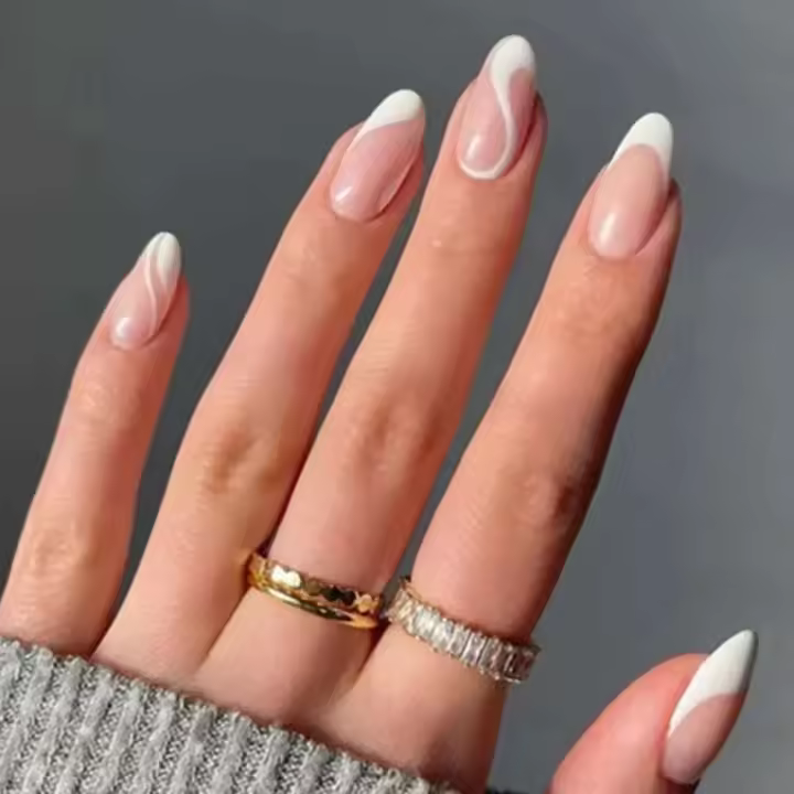 Artículo de uñas de almendra desmontable con diseño de ondas, conjunto completo de puntas de uñas postizas francesas de tacón alto. - 1