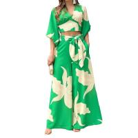 Conjunto informal de moda para mujer, Top corto con manga acampanada y cuello en V, pantalones de pierna ancha de cintura alta, primavera/verano - details 0