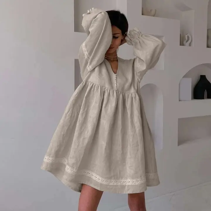 Vestido corto Vintage con temperamento para mujer, cuello en V, manga larga abombada, adorno de empalme, longitud media, informal, holgado, con botones - 1
