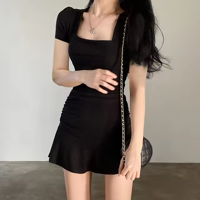 Vestido negro fruncido para mujer, Mini vestido ajustado de manga corta con cuello cuadrado, pliegues, volantes, moda coreana, Verano - 1