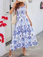 Vestido largo con tirantes y espalda desplegada para mujer, ribete elástico plisado con estampado vintage, cómodo, informal, para vacaciones - details 9