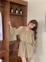Blusa de verano a cuadros extragrande 2024 para niñas, traje de mujer, camisa de manga larga, pantalones de pierna ancha de cintura alta, trajes de dos piezas con pantalones cortos - details 23