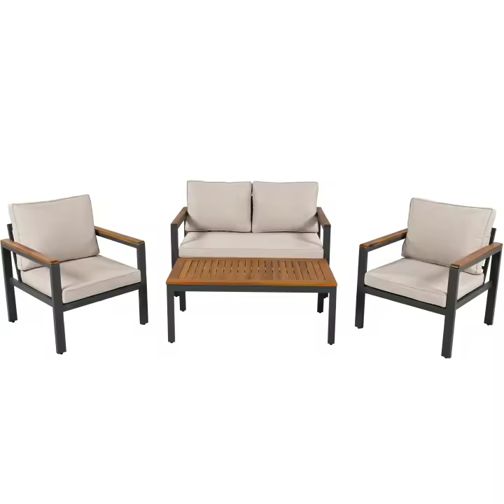 Loungeset, Gartenmöbel-Set mit Rahmen aus verzinktem Stahl, (breites Set, 4-teiliges Esstisch-Set, 1x 2-Sitzer-Sofa, 2x Einzelstühle, 1x Tisch), Akazienholz Tischplatte und Armlehnen,Beige - 1