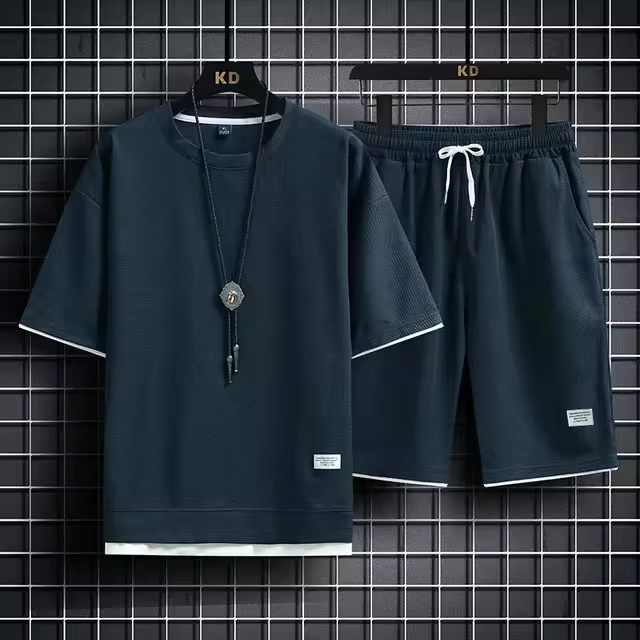Ropa de verano para hombre, conjunto de camiseta informal con estampado de gofres y pantalones cortos de color liso - 1