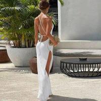 2025 Primavera y verano Estilo caliente Doble cara Abertura larga Correas sexy Espalda bonita Color sólido Vestido de playa de punto - details 9