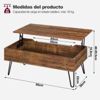 Centro Elevable, Mesa Salon con Espacio Interno, Mesa Centro Elevable y Extensible, Mesa Auxiliar con Patas Metálicas para Salón, 95x50x(40-55,5) cm, Marrón Rústico, BTS18hov - details 2