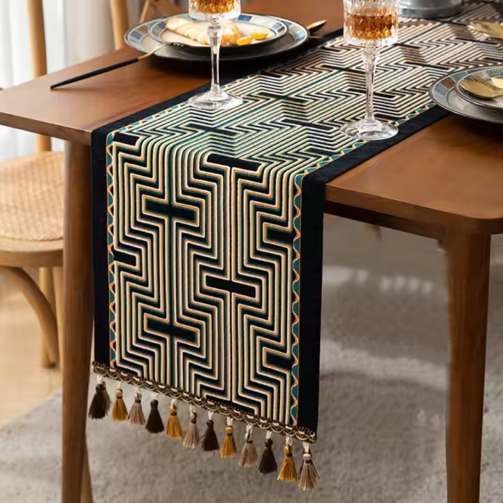 Camino de mesa de estilo étnico Jacquard con bandera de mesa, mantel de algodón con borlas, decoración de mesa Retro Vintage - 1