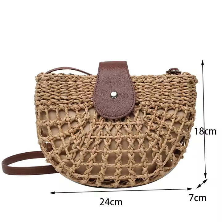Bolso de paja para mujer, bandolera semicircular hecha a mano de ratán, bolso de mano para viaje y playa - 1