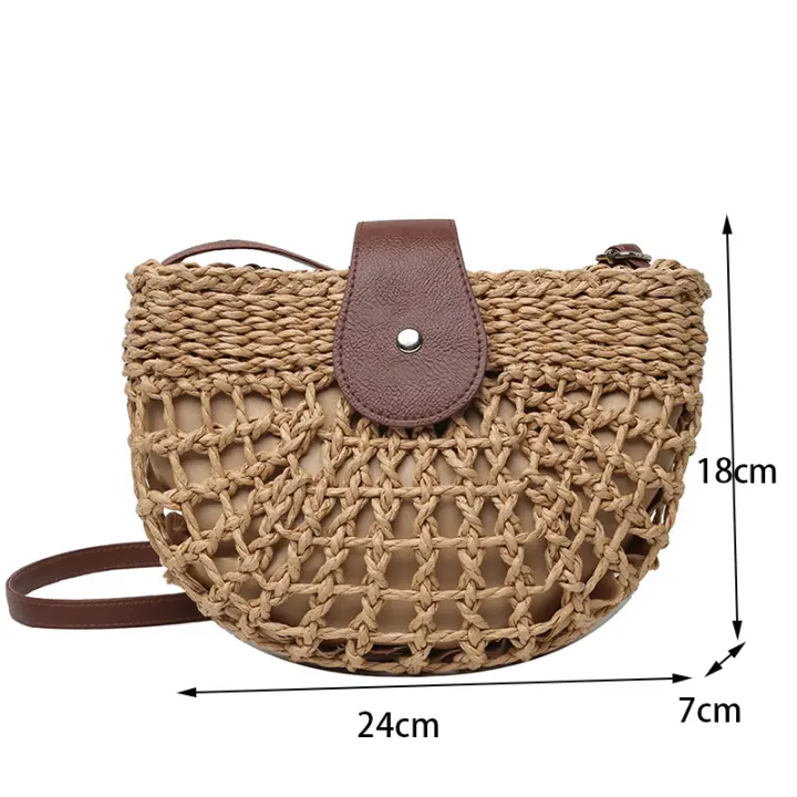 Bolso de paja para mujer, bandolera semicircular hecha a mano de ratán, bolso de mano para viaje y playa - 1