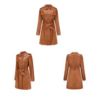 Gabardina cortavientos de piel sintética para mujer, chaquetas con cinturón, abrigo largo medio - details 29