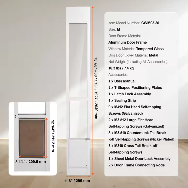 SucceBuy Puerta para Perros para Puerta Corredera de Vidrio, Marco de Aluminio Vidrio Templado para Perros de Tamaño Mediano con Solapa y Cerradura de Estructura de Bisagra - 1