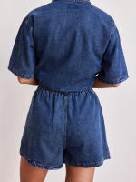 Trajes de verano para mujer, camisa de manga corta con botones de mezclilla de Color sólido y pantalones cortos elásticos, ropa de calle para discoteca, ropa de moda - details 5