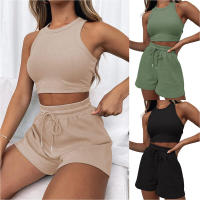 Conjunto de dos piezas de verano para mujer, chaleco sin mangas de color sólido con textura gofre y pantalones cortos casuales de moda. - details 2