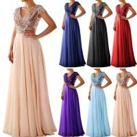 2022 nueva moda mujer señora fiesta de noche lentejuelas cuello en V largo novia sirena sin mangas A-line cola Maxi vestido - details 1