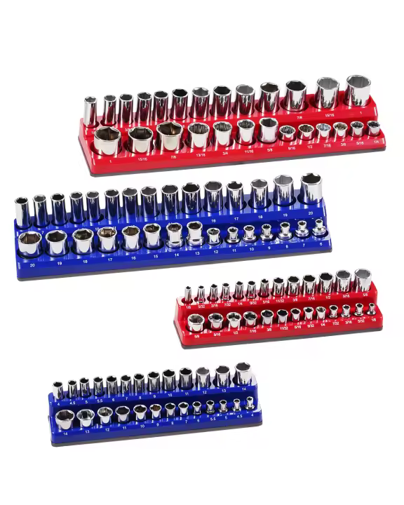 SucceBuy Juego de organizadores de enchufes magnéticos, 4 piezas, bandejas métricas SAE de 1/4" y 3/8", etiquetas transparentes, capacidad para 108 piezas de enchufes, azul y rojo (enchufes no incluidos) - 1