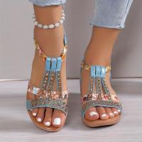 Women Wedge Sandals Rhinestone Braided Band Elastic Strap Slip On Shoes Versatile Outdoor Beach Sandals - details 2