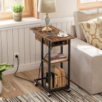 Mesa Auxiliar con Estación de Carga, Mesa de Centro Abatible en Forma de C con Ruedas y Estante de Almacenamiento, Puertos USB Tomas Corriente, para Salón Dormitorio, Greige y Negro EBG022SF01 - details 10