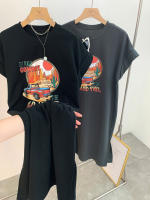 Camiseta de manga corta Retro americana para mujer, falda, vestido largo informal holgado de talla grande con abertura, novedad de verano 2025 - details 7