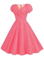 Elegant vintage dot print women summer puff short sleeve v neck casual a-line midi party dress - details 17