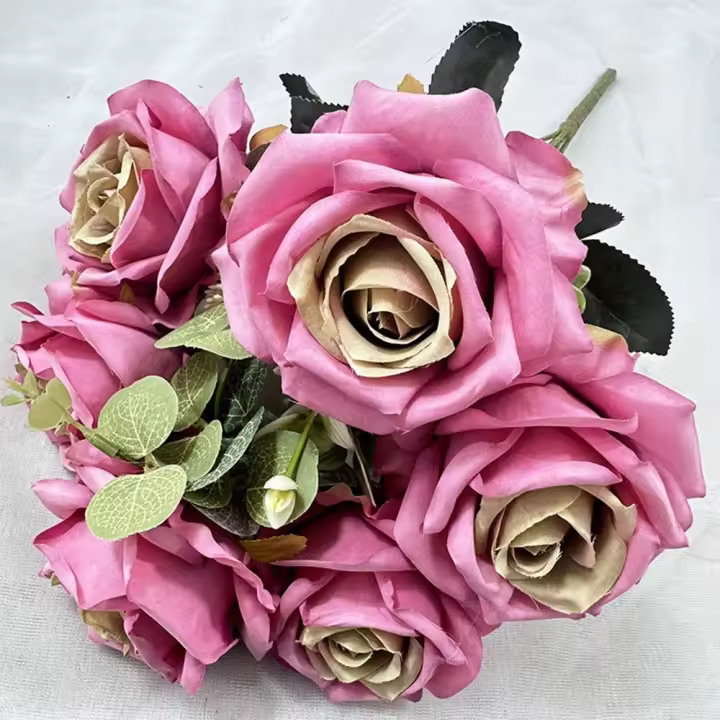 Flor artificial multicolor, pétalo de seda rosa, hojas verdes, hojas de eucalipto sintético, adorno de escritorio, 9 tenedores, 6 flores - 1