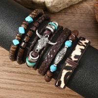 Conjunto de 6 pulseras boho madera cuentas vintage cabeza de toro ojos plumas multicapa artesanales regalos para hombre - details 15