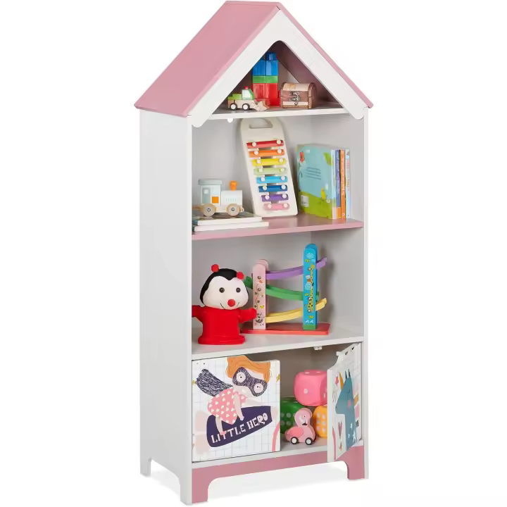 Estantería Infantil de Diseño de Superhéroe 4 Estantes, Armario de Juguetes para Niña con Puertas, 116 x 51 x 30 cm, Rosa, Tablero de Fibras - 1