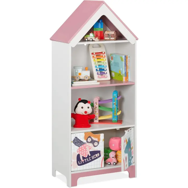 Estantería Infantil de Diseño de Superhéroe 4 Estantes, Armario de Juguetes para Niña con Puertas, 116 x 51 x 30 cm, Rosa, Tablero de Fibras - 1