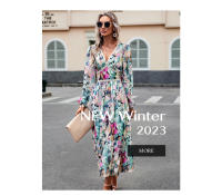 Vestido de manga larga con cuello en V estampado informal para vacaciones de otoño a la moda para mujer - details 1