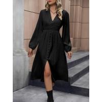 Vestido Elegante de Color Sólido para Mujer Primavera Otoño 2025 Cuello en V Manga Larga con Abertura Promoción - details 12