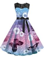 Summer elegant floral print lace women sleeveless a-line vintage midi party dress belt - details 1