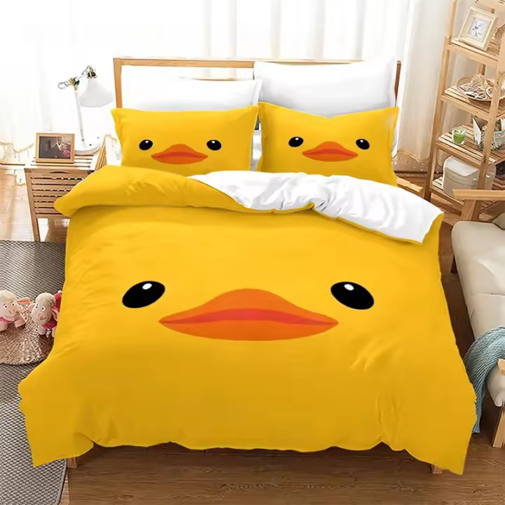 Juego de Ropa de Cama de Pato Amarillo con Estampado 3D Tamaño de Cama Pequeño, Doble, Rey - 1