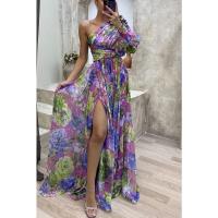 Vestido Largo De Mujer Con Mangas Casi Hasta Los Brazos Estampado Casual Y Cuello Diagonal Para Fiesta De Navidad Y Otoño - details 5